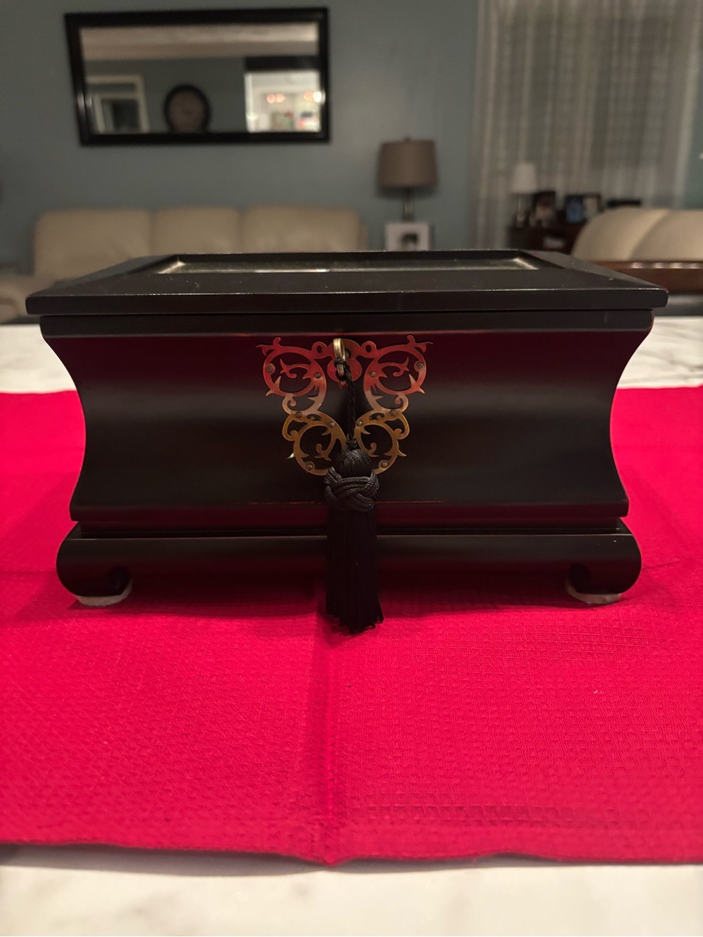 Black Decorative Jewelry Box with Gold Filigree Accent and Black Tassel